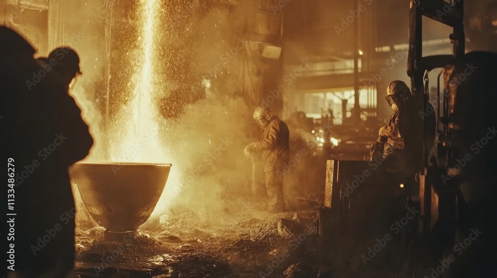 Poster molten metal flows into molds in an industrial hall, creating a fiery spectacle of sparks and flames