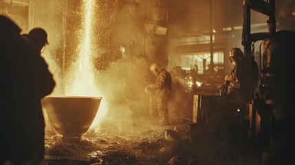 Molten metal flows into molds in an industrial hall, creating a fiery spectacle of sparks and flames as workers oversee the process. Generative AI