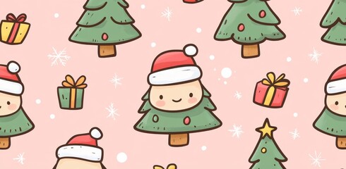 Naklejka premium Seamless pattern of adorable Christmas trees with cute characters in holiday attire on a pastel pink background, conveying a festive and joyful atmosphere perfect for holiday design projects.
