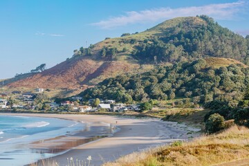 Coastal scene with a hillside, beach, and houses. Two people walk along the beach, enjoying the...
