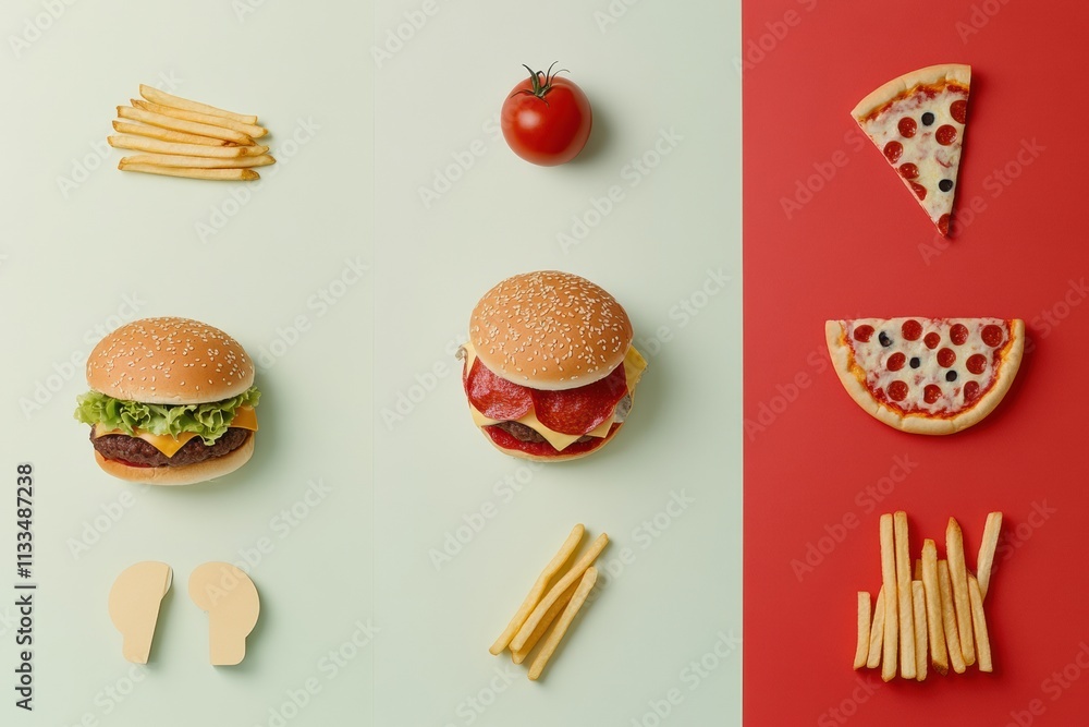 Poster delightful silhouettes of burgers, pizza slices, fries, and tomatoes create a playful composition wi