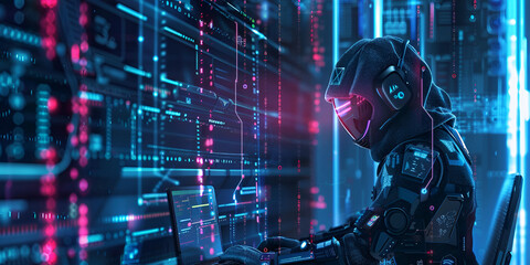 Cyber warrior in high-tech environment with digital data | Concept of cybersecurity and futuristic IT