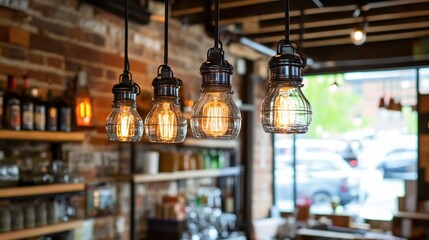 Obraz premium Vintage Style Pendant Lights Hanging in Trendy Cafe Interior