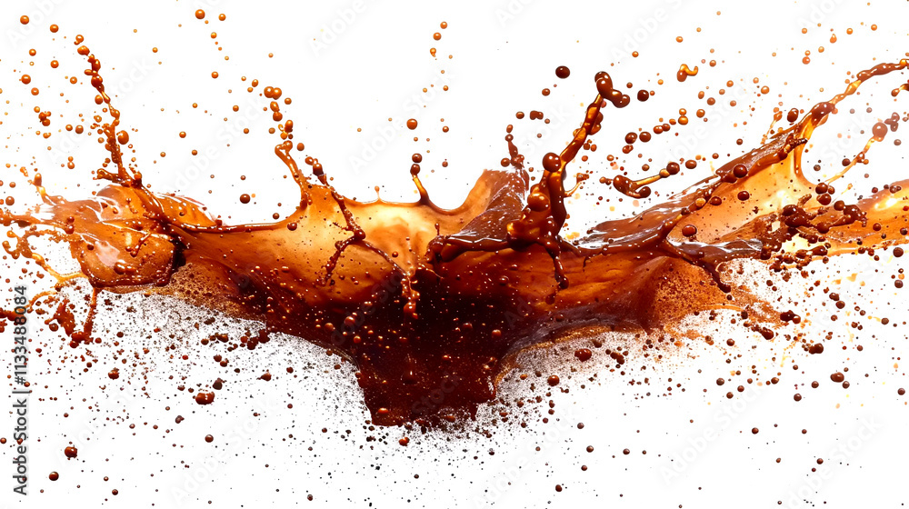 Poster splashing brown liquid creates dynamic patterns in a bright background