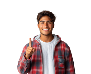 A young man smiling confidently wearing a red plaid shirt and pointing upward with one finger on a white background.
