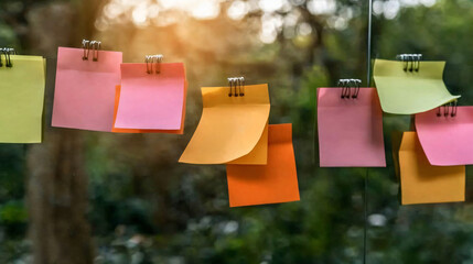 A brainstorming session with colorful sticky notes on a glass wall, selective focus on central note, copy space for text, ultra HD, 