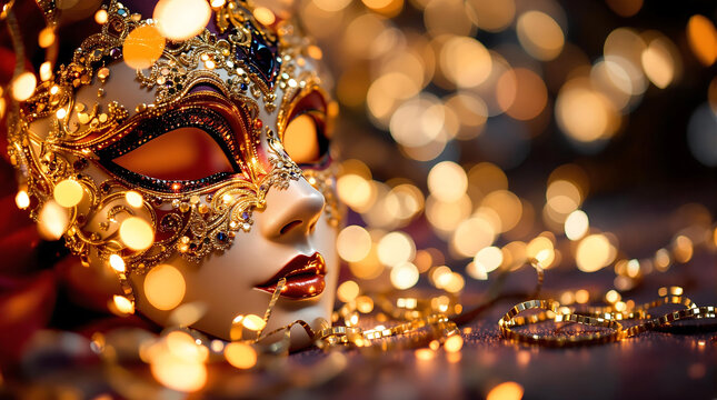 Venetian carnival mask with gold and purple decorations, surrounded by twinkling lights, evoking mystery, festivity, and masquerade balls.