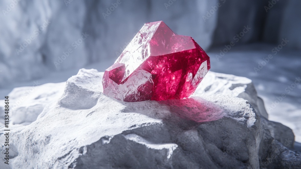 Aufkleber A radiantly red gemstone is positioned atop a rugged stone surface in a dimly lit, enchanting environment. The gem's facets catch light, creating a captivating display.