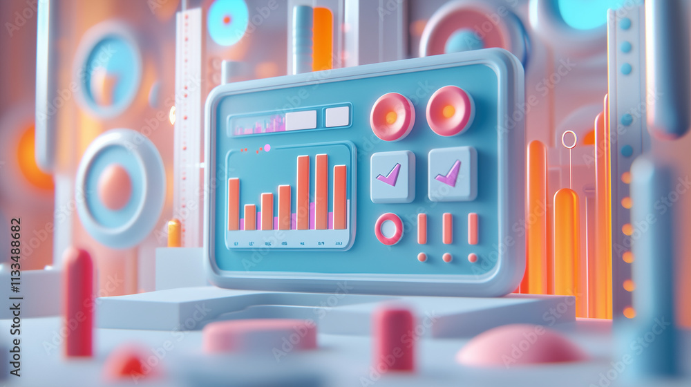 Poster a stylized 3d render of a pastelcolored dashboard displays bar graphs, checkmarks, and other data me