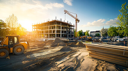 construction site for a large building with a clear blue sky background