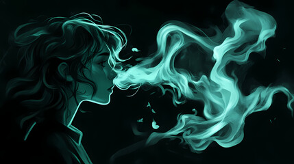 Fototapeta premium Teal smoke plume against black background. Wisp. Illustration