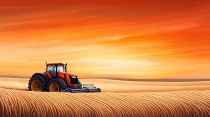 Fototapeta premium Vibrant Sunset Over Field with Tractor Harvesting Wheat in Golden Landscape