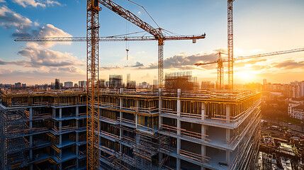 construction site for a large building with a clear blue sky background