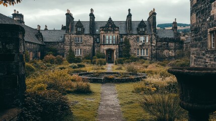 Obraz premium Abandoned Stone Mansion Surrounded by Overgrown Gardens and Trees