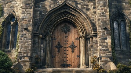Obraz premium Majestic Gothic Church Entrance with Ornate Wooden Doors