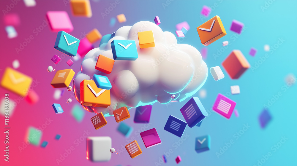 Poster colorful 3d cubes representing emails orbit a fluffy cloud, symbolizing cloudbased email storage and
