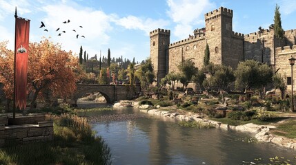 Obraz premium Scenic Landscape with Castle and River Surrounded by Trees