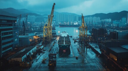Industrial Dock at Twilight with Cargo Ship and Cranes in View