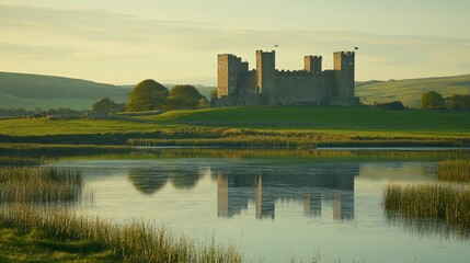Majestic Castle Surrounded by Serene Landscape and Calm Waters