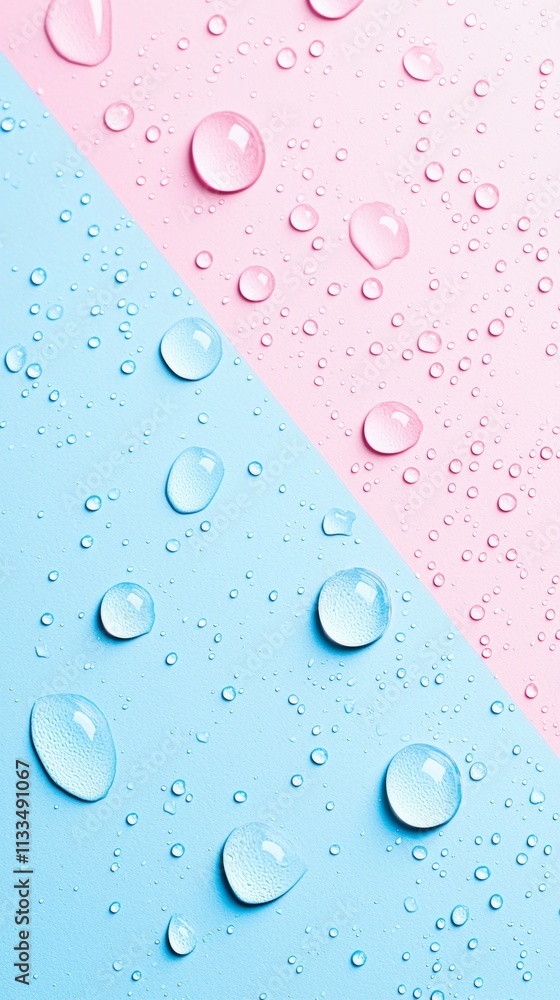 Poster sparkling water droplets creating an abstract pattern on a smooth, dual-toned surface, reflecting li
