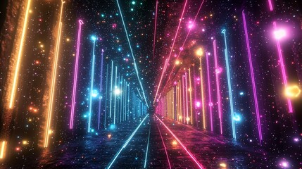 Colorful light tunnel with glowing lines and dots in darkness.