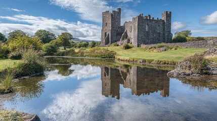 Majestic Castle Landscape with Reflection in Calm Water
