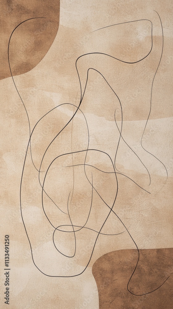 Poster continuous black lines create a dynamic and flowing composition against a textured beige and brown b