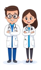 Fototapeta premium Cartoon medical professionals smiling with arms crossed wearing lab coats in a cheerful healthcare setting