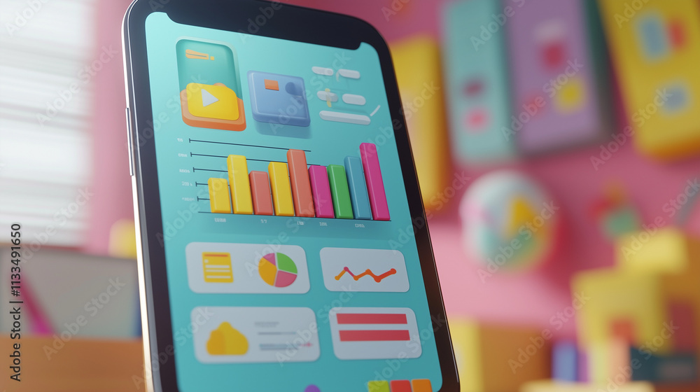 Poster a smartphone displays a vibrant data analytics dashboard with colorful bar charts, pie charts, and o