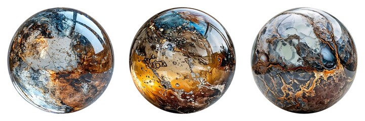 Polished stone ball set on white background isolated. Fancy texture of yellow blue black colors. Reflective colored glass sphere 3d abstract objects.