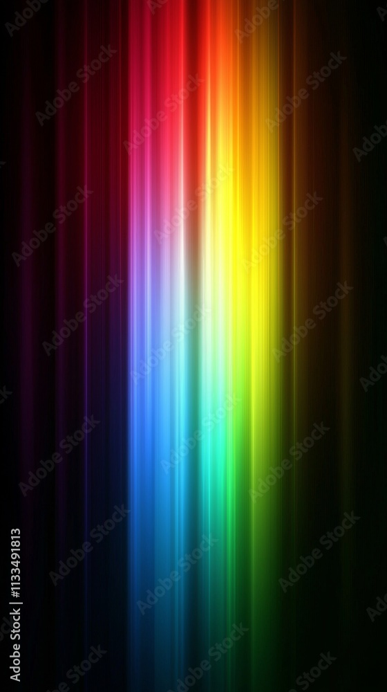 Poster vertical beams of light in various colors blend together, creating a vibrant spectrum on a dark back