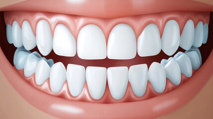 Fototapeta premium A highly detailed 3D-rendered close-up of human teeth, showcasing the upper and lower set in a natural bite position. Perfect for dental training, medical presentations, or educational materials.. AI
