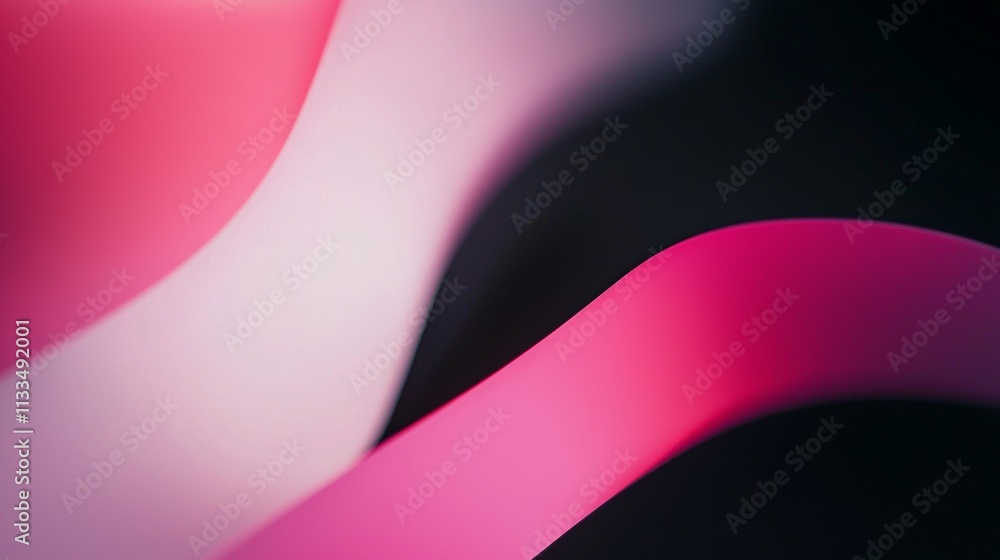 Poster smooth, undulating shapes in pink and white intertwine against a dark backdrop, forming an abstract 