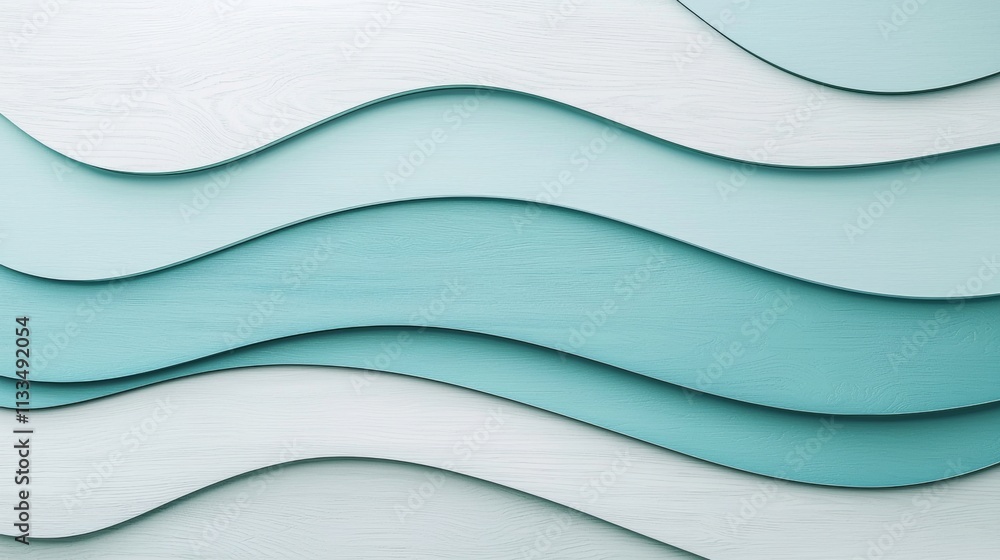 Poster abstract background showcasing a dynamic design of wavy shapes in various shades of turquoise and wh