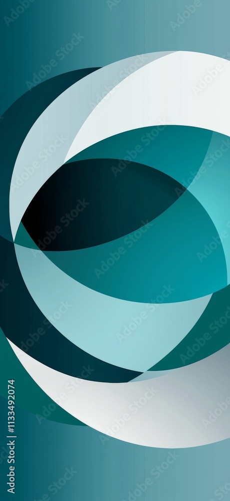 Poster smooth, overlapping shapes in teal, turquoise, and white create a dynamic and flowing abstract compo