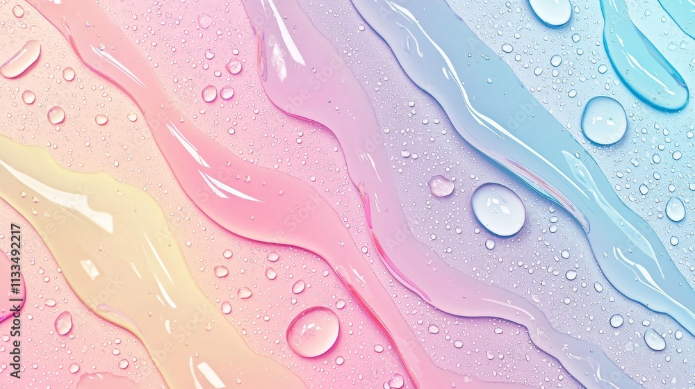 Poster cosmetic moisturizing liquid drops and smudges creating a textured abstract backdrop on a pastel rai