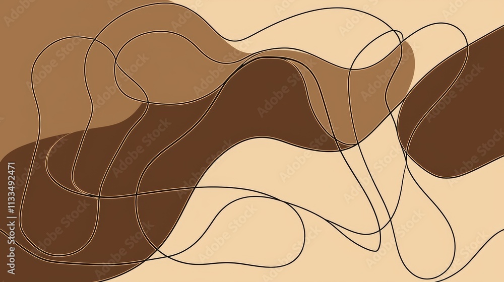Poster abstract brown and beige background featuring dynamic shapes formed by intertwined lines, creating a