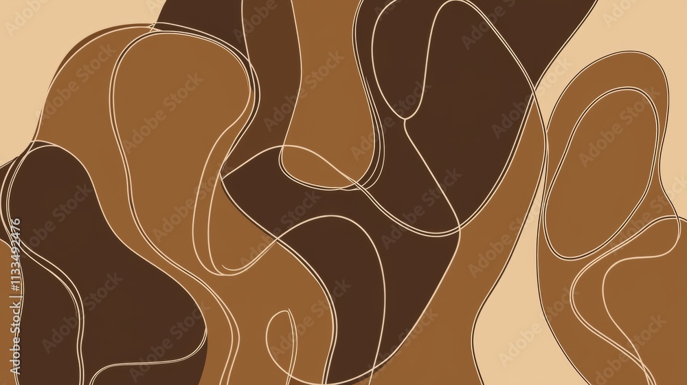 Aufkleber continuous lines intertwining and creating fluid shapes against a warm brown background, forming an 