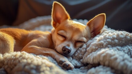 A peaceful scene of a Chihuahua sleeping soundly on a soft blanket, with warm, cozy lighting. The image captures the tranquility and comfort of a small pet at rest in a quiet, relaxed environment.. AI