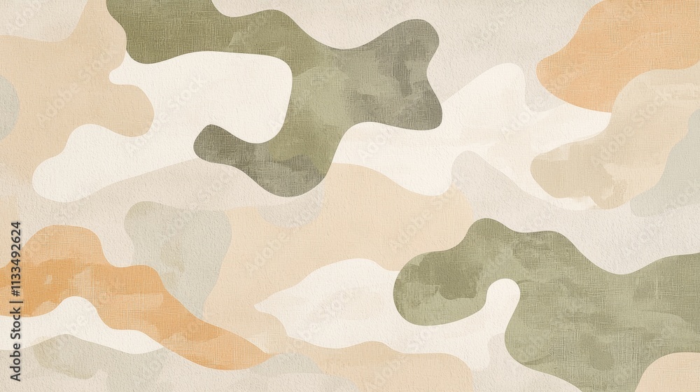 Poster soft organic shapes in muted shades of green, beige, and white create a unique camouflage pattern, o