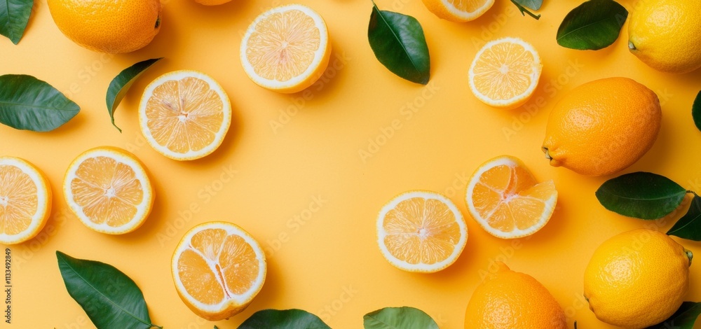 Poster sliced and whole lemons with green leaves are creating a frame on a vibrant yellow background, offer