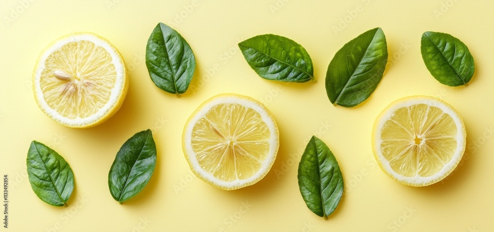 Poster freshly cut lemon halves and vibrant green leaves are creating a visually appealing pattern on a bri