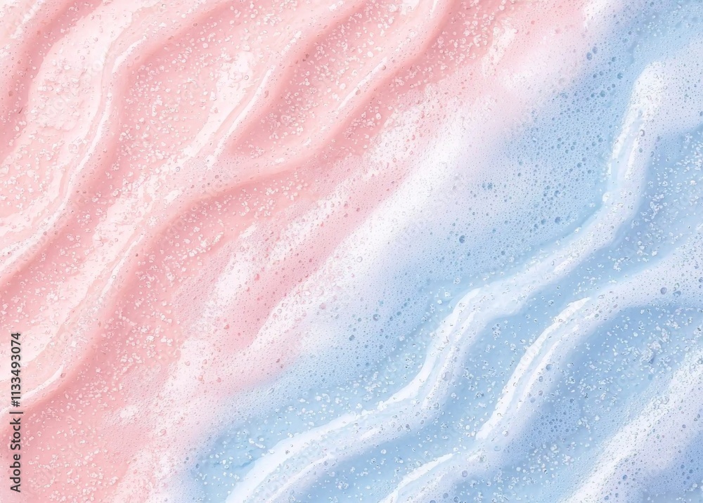 Poster Creamy texture with airy bubbles flowing seamlessly into a gradient background transitioning from soft pink to calming blue. Creating a captivating abstract design that evokes beauty and tranquility