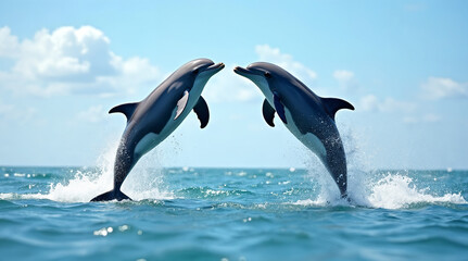 Fototapeta premium Two dolphins dancing above the water 