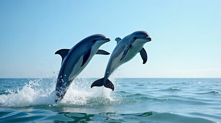 Fototapeta premium two dolphins jumping out of the water