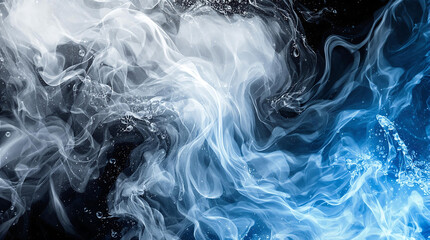 Fototapeta premium Abstract swirls of blue and white smoke against a black background, creating a dynamic and ethereal visual effect.