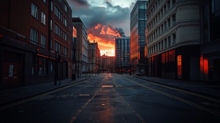 Obraz premium Stunning sunset over an empty city street, showcasing reflections on buildings and a dramatic sky filled with clouds.