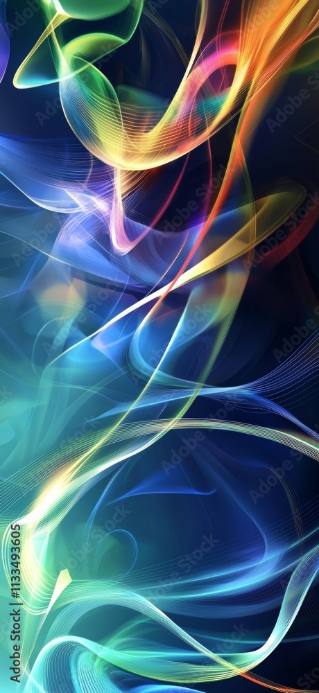 Poster colorful lines intertwining and creating a dynamic visual with flowing shapes, blending hues, and et