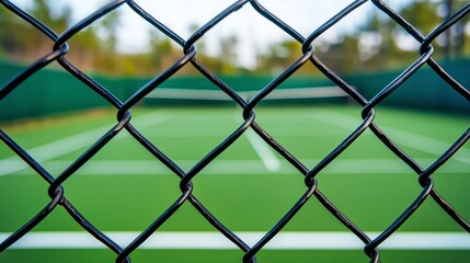 Chain-Link Fence with Tennis Court in Background