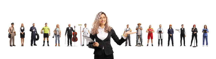 Obraz premium Woman job recruiter pointing at people with different professions